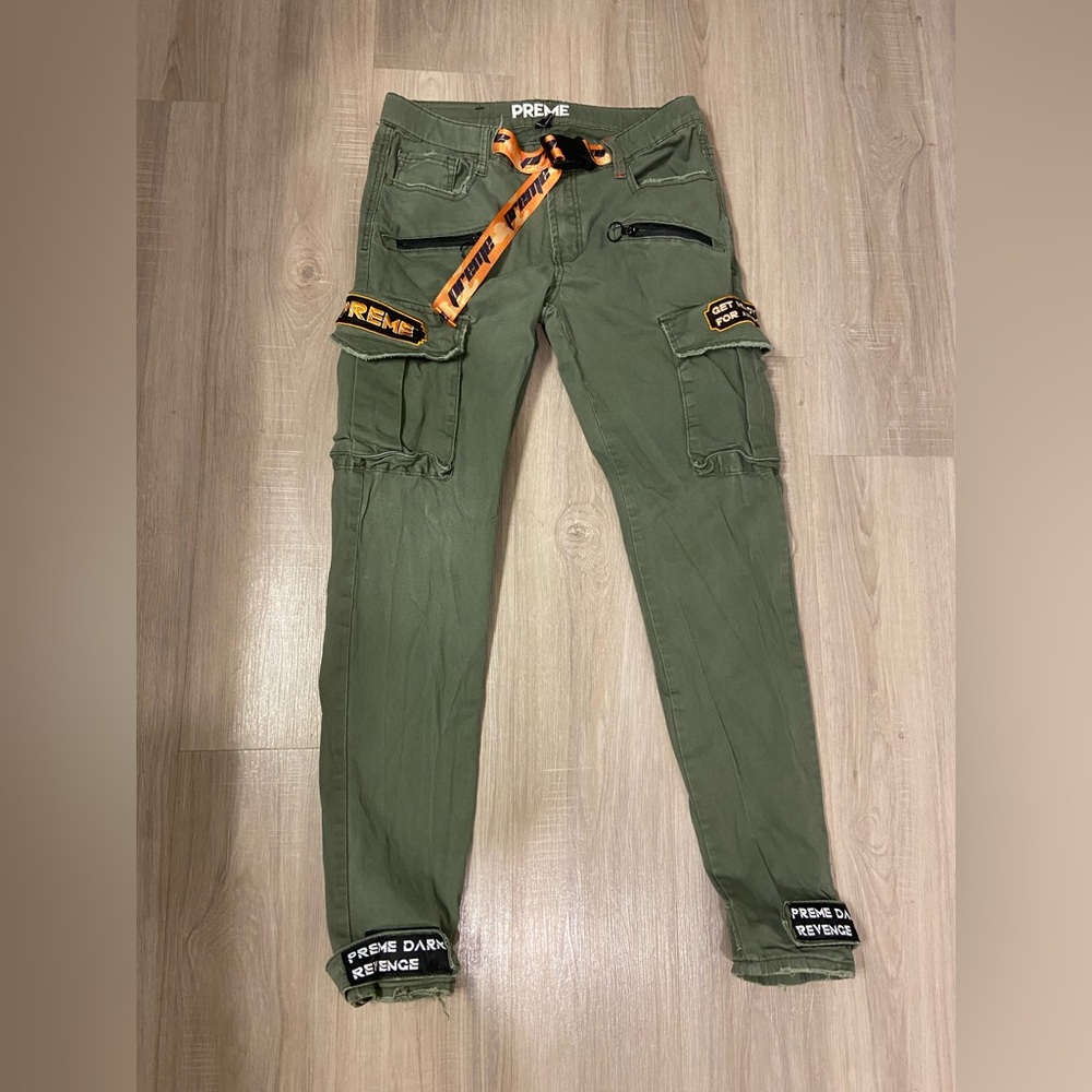 Green Cargo Pants with Orange Accents